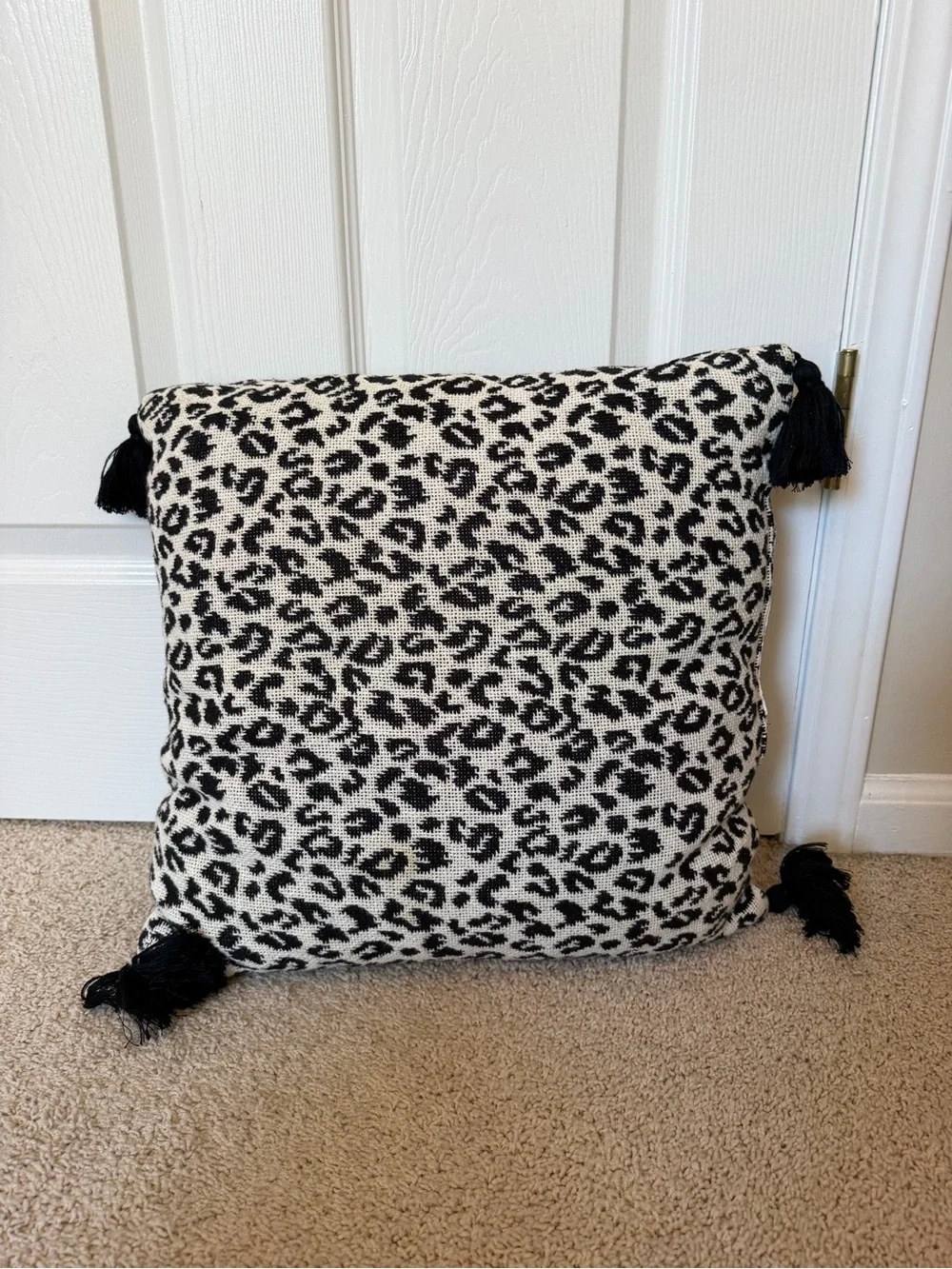 Black & Cream Leopard Print Woven Throw Pillow with Tassels